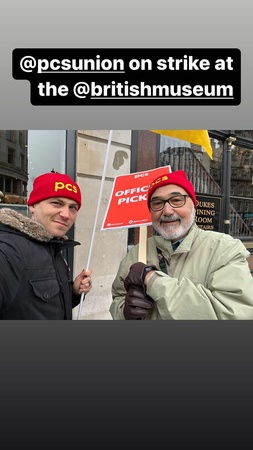 Image shows two pickets with the message @pcsunion on strike at the @britishmuseum